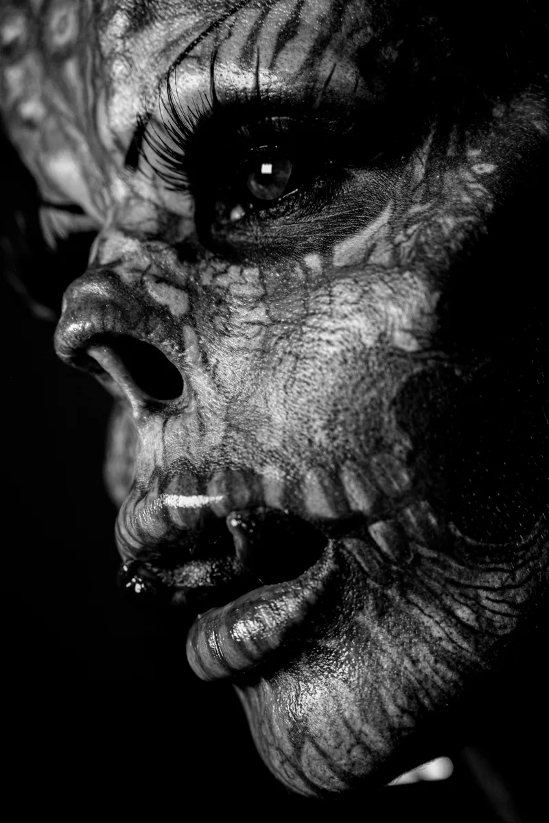 Toxii, close-up portrait in black and white